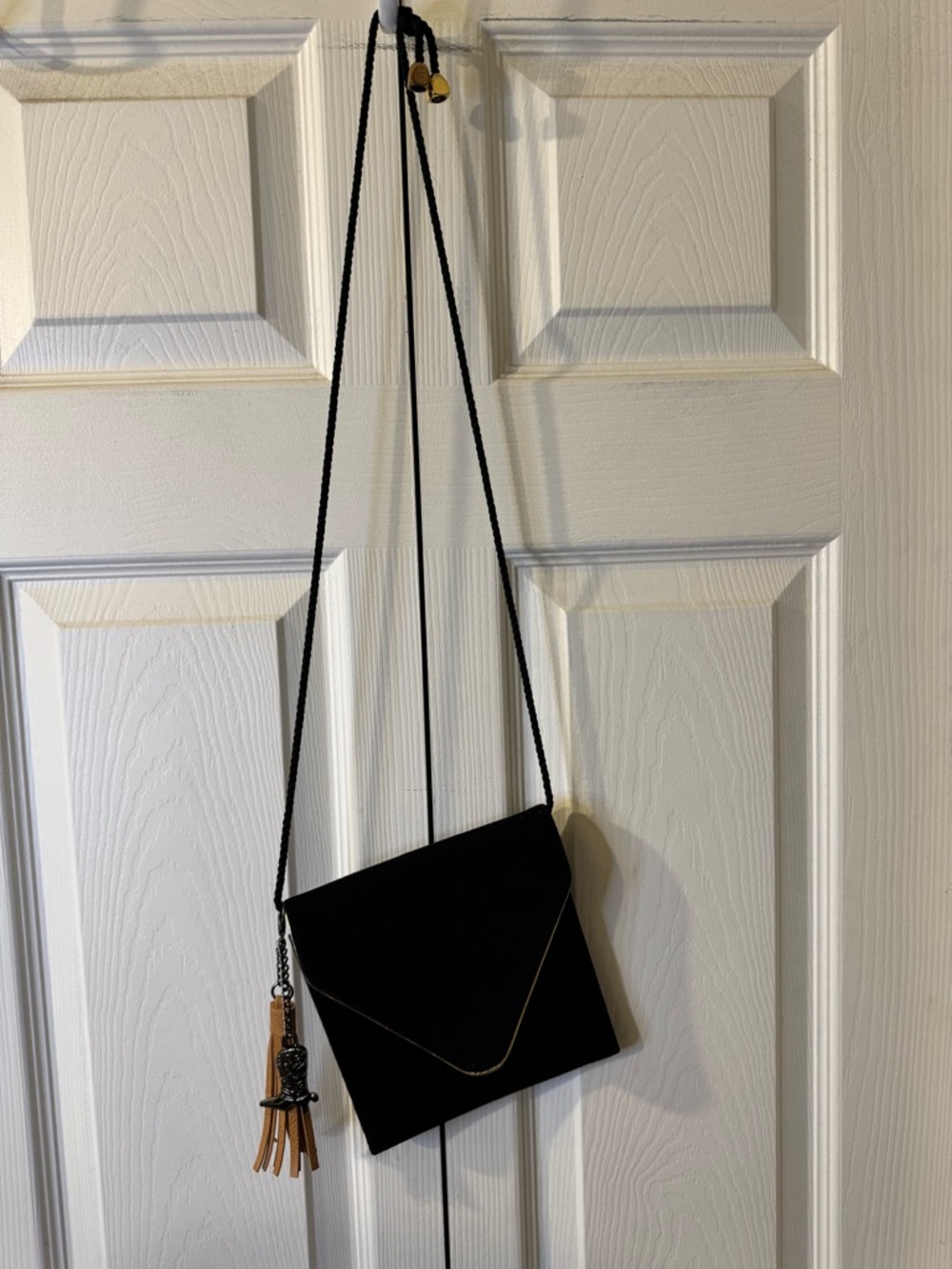 Vintage Black Suede Envelope Crossbody with Tan Tassel Charm and Boot Bag Charm - Picture 2 of 6